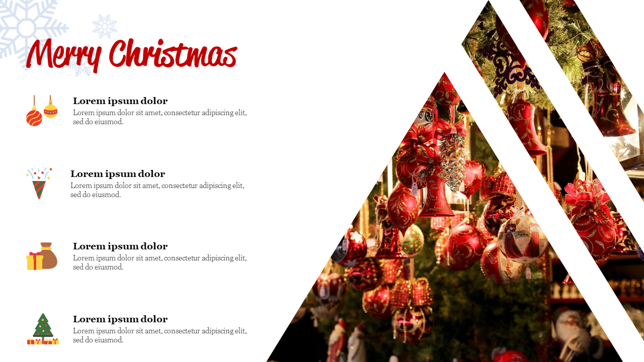 Christmas slide with red and green ornaments in a triangle layout, and four festive icons and text on the left white area.