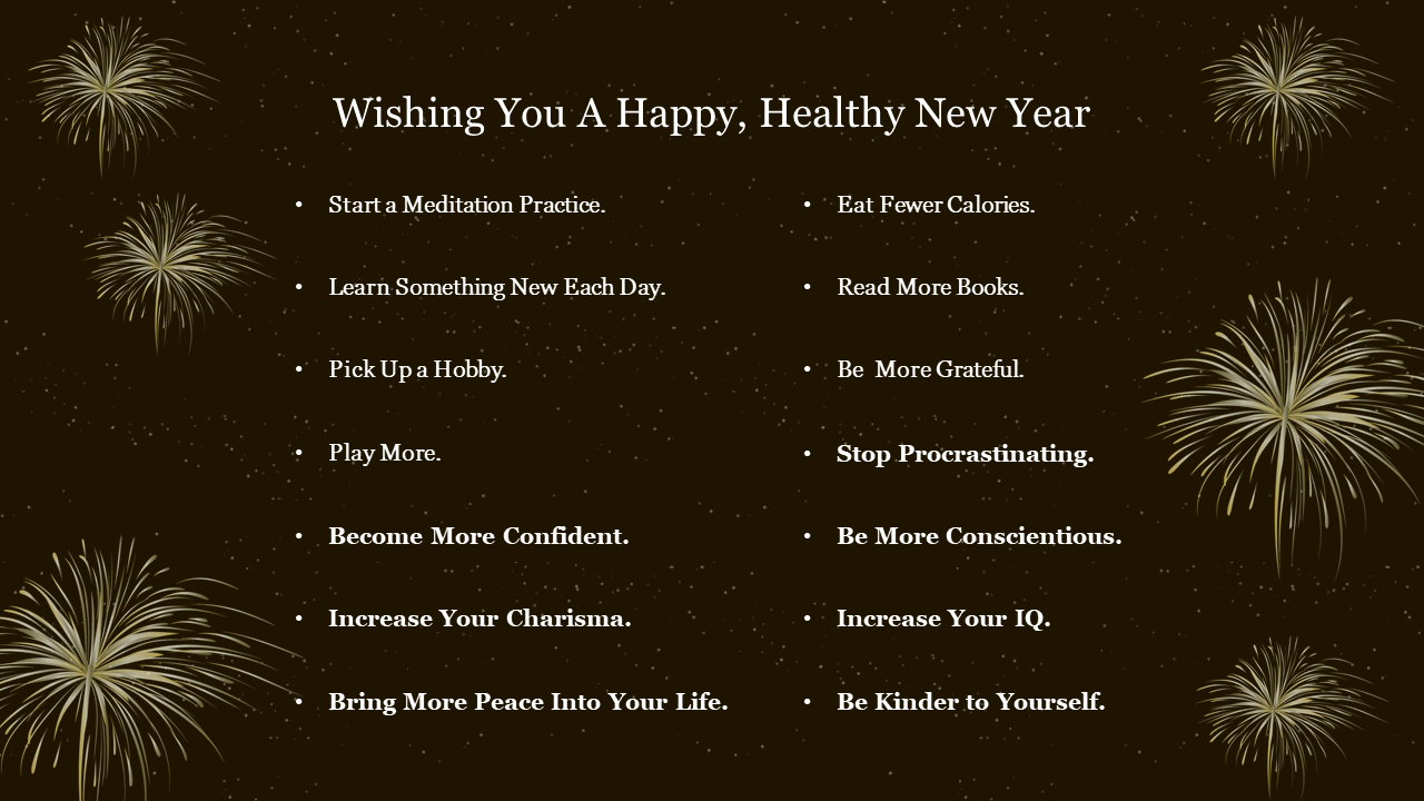 Dark background with sparkling golden firework shapes, and text in bullet points listing new year goals.