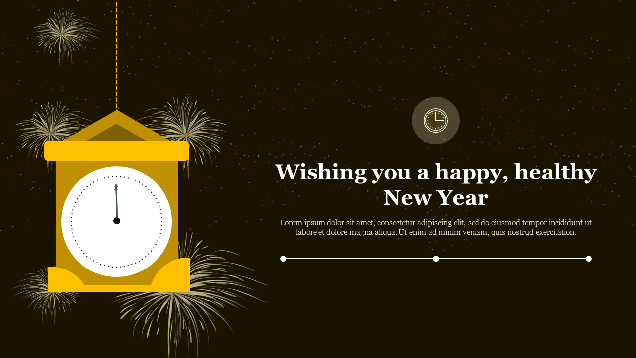 New Year slide featuring a golden clock and fireworks, with text on the right, set against a dark background.