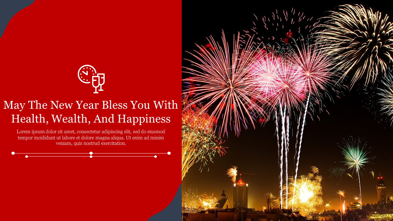 A New Year's PowerPoint template with a festive fireworks display and a blessing message on a red backdrop.