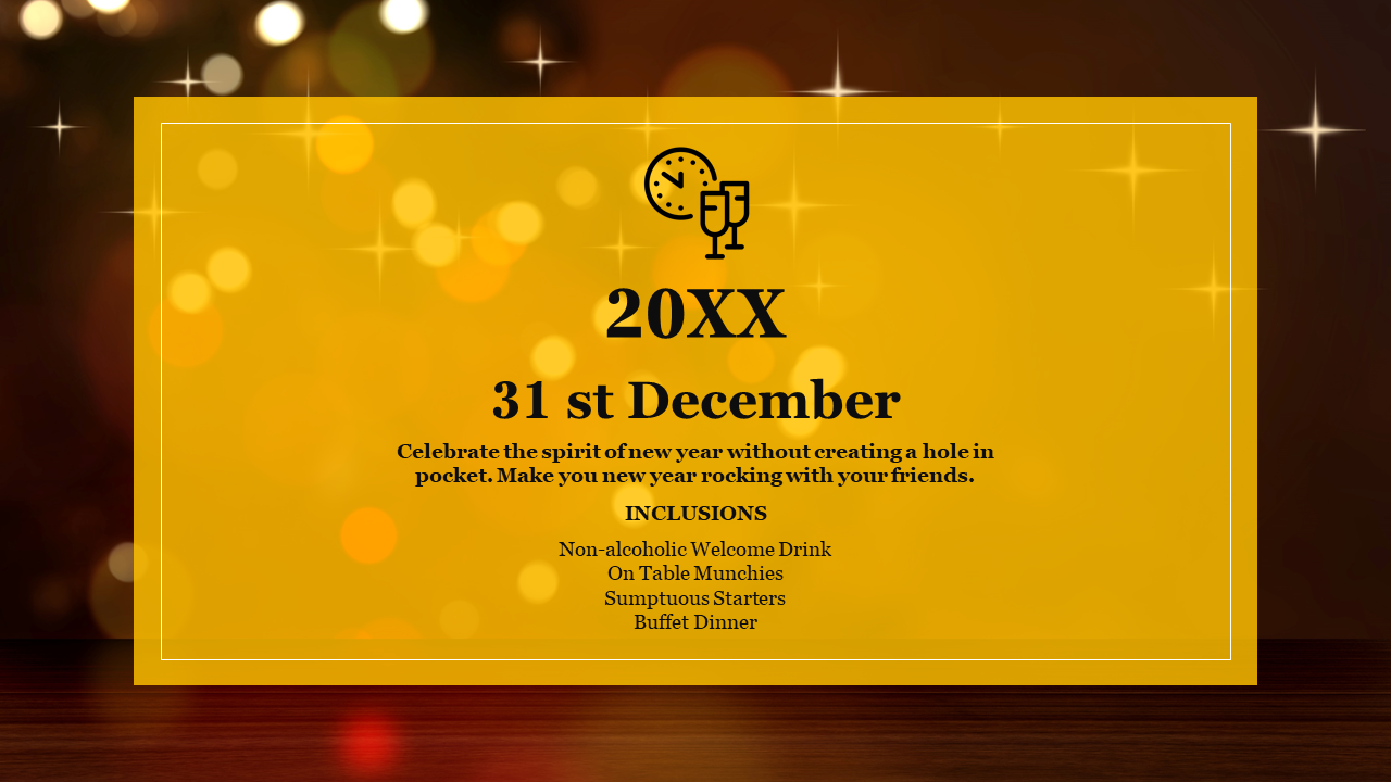 New Year's Eve event slide with a yellow border, bokeh lights, and text outlining the event details for eve party.