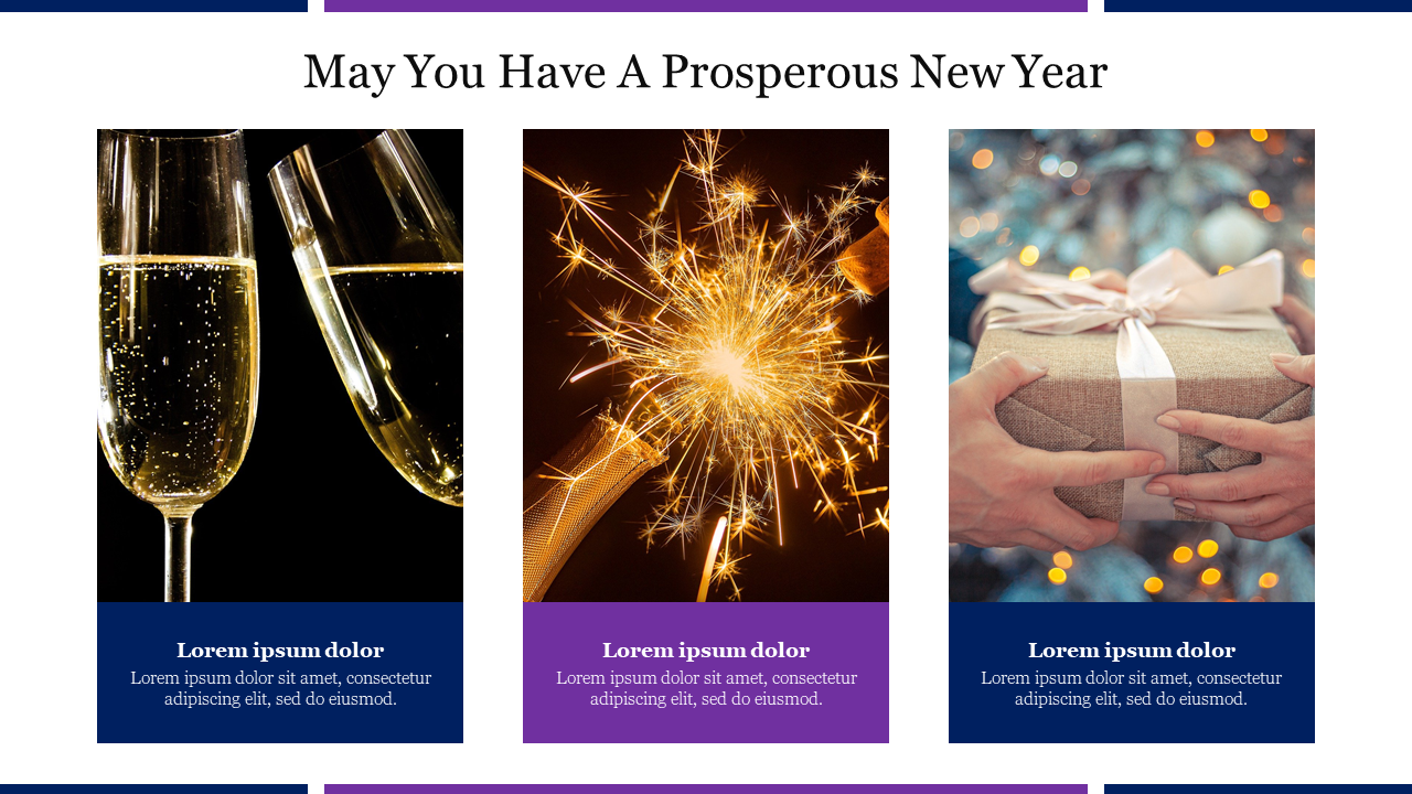 A festive PowerPoint slide with champagne glasses, a sparkler, and a gift, wishing a prosperous New Year with colorful text.