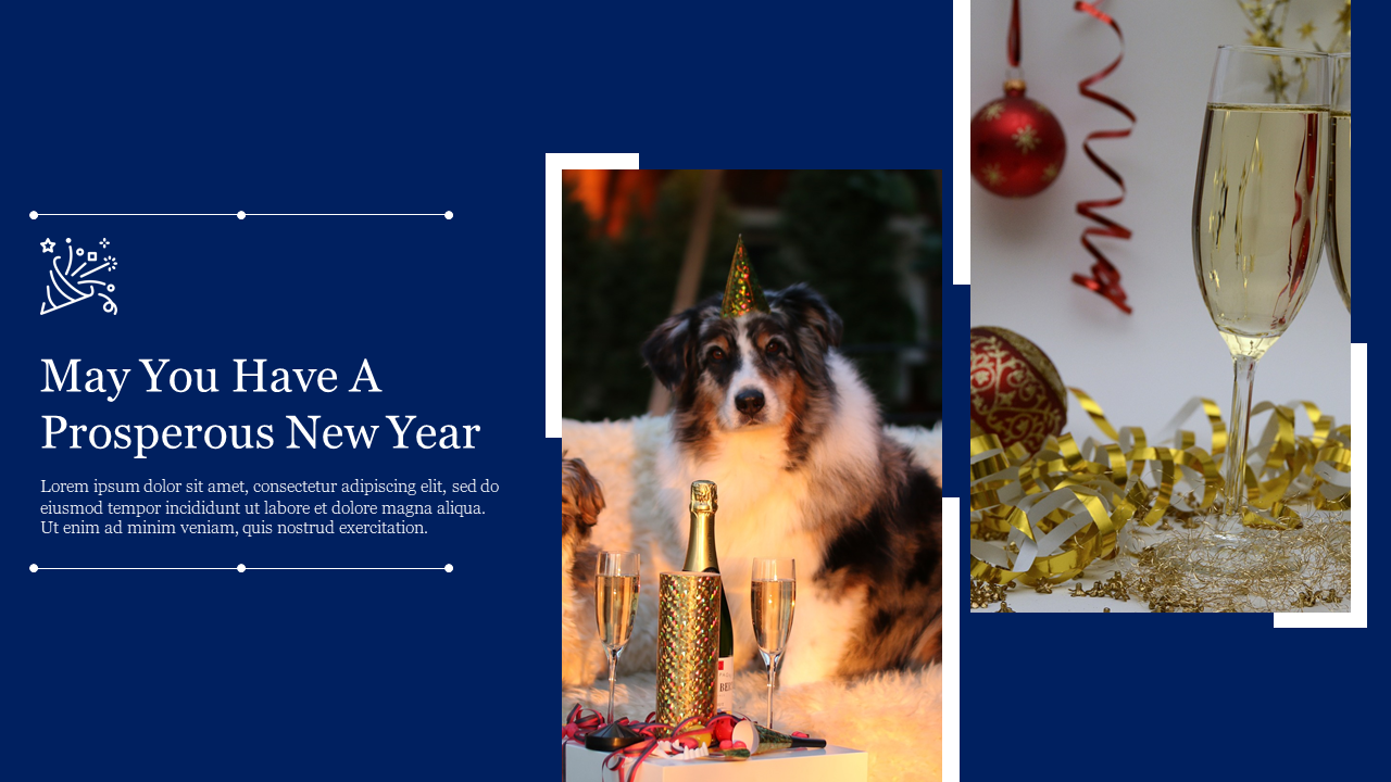 New Year slide with a dog wearing a party hat and champagne glasses, with festive decorations, set against a blue background.