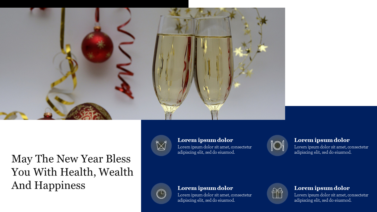 A festive New Year PowerPoint template with champagne glasses, Christmas decorations, and colorful ribbons with text.