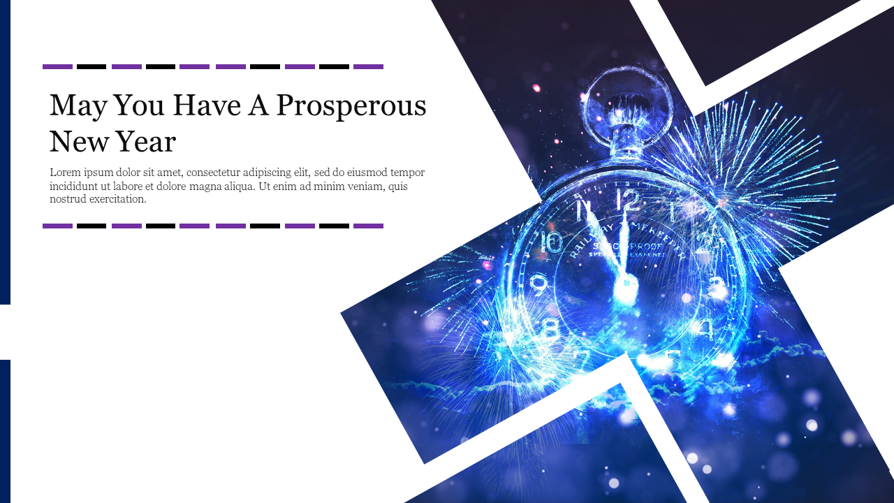 New Year-themed slide with a glowing pocket watch and fireworks, paired with bold text and decorative dashed lines.