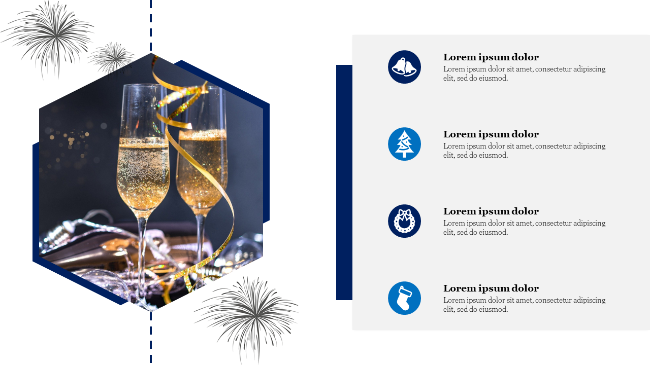 New year slide with two champagne glasses and golden ribbons, in a hexgonal frame and list of three icons for celebration.