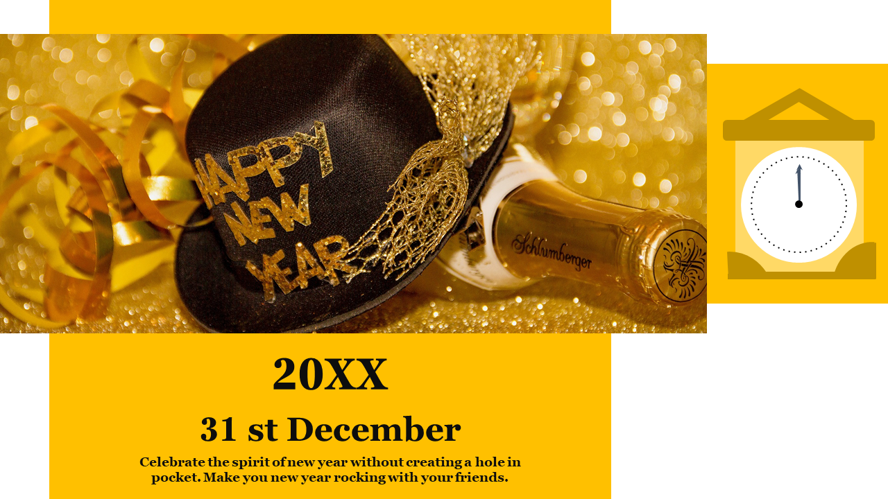 New year slide design showcasing festive elements like a champagne bottle, decorative ribbons, and a countdown clock.