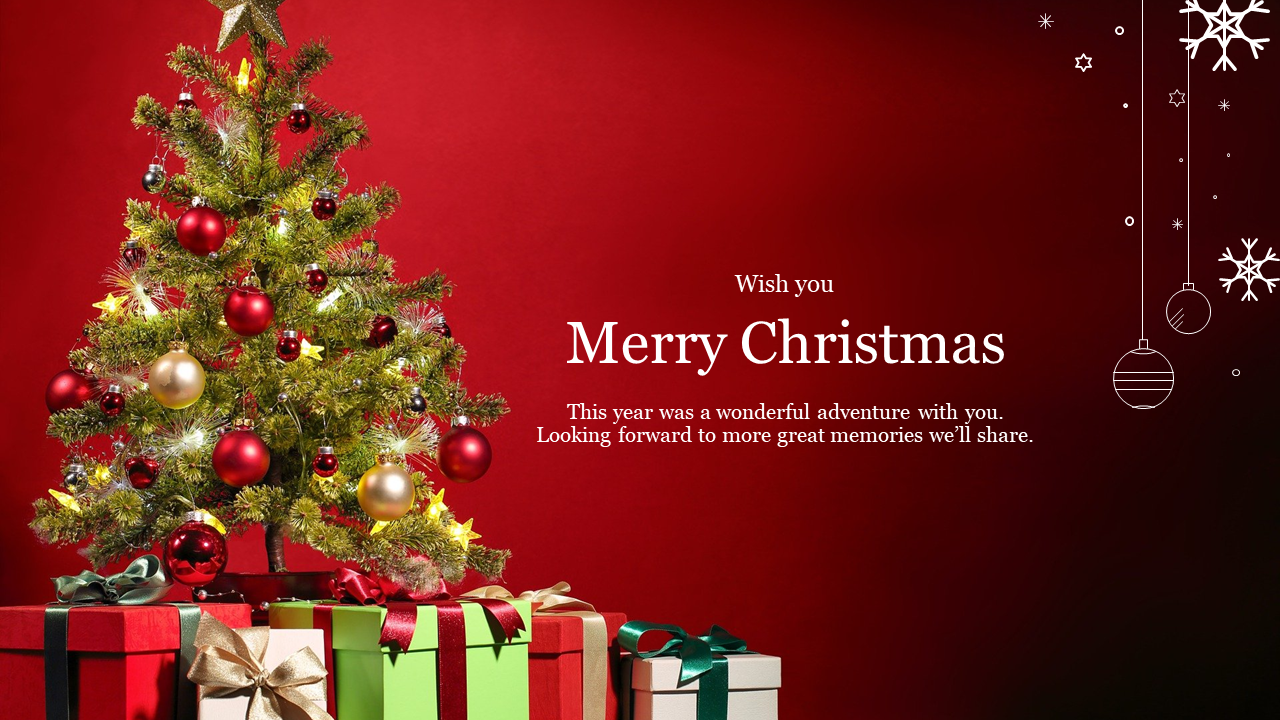 Decorated Christmas tree with red and gold ornaments, surrounded by colorful wrapped gifts on a red background.