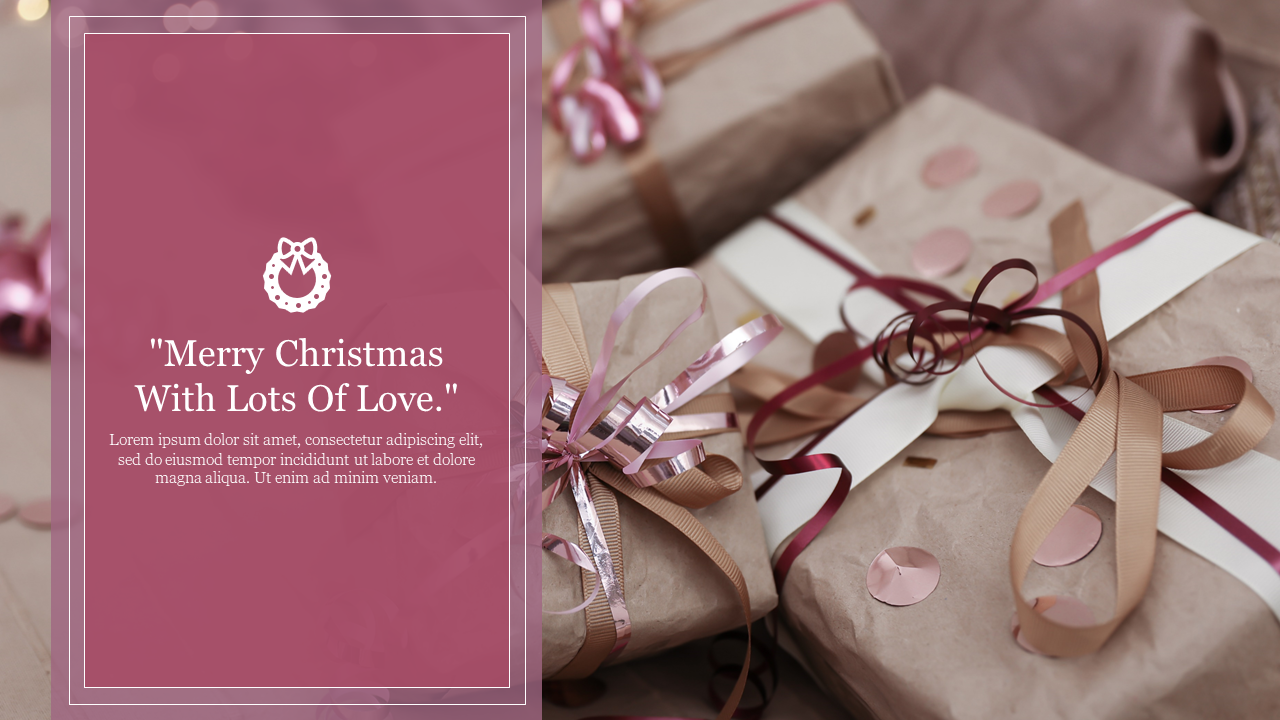 A festive PowerPoint slide with Christmas presents wrapped in pastel colors, featuring a holiday greeting on a pink backdrop.