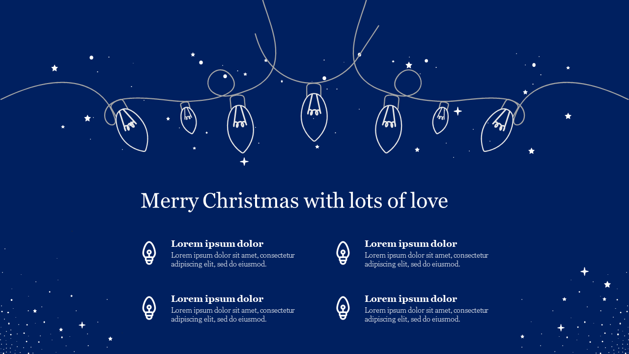 Christmas themed slide with white string lights and stars on a dark blue background, featuring four icons and text below.