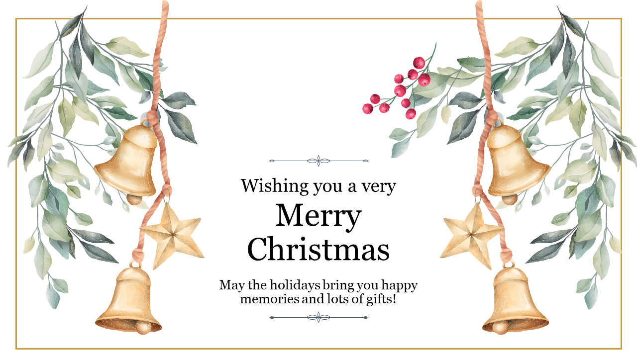 Christmas bells and stars hang from leafy branches with red berries, framing a holiday greeting in the center.