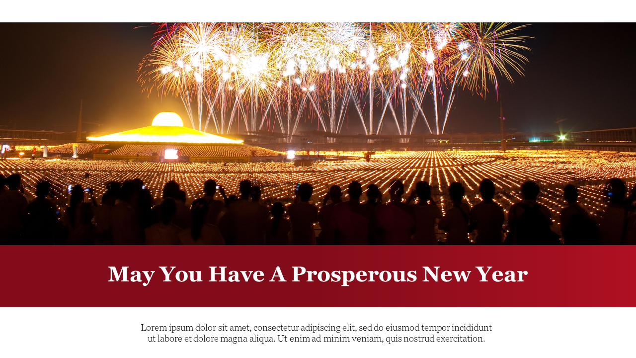 A festive New Year PowerPoint slide featuring a vibrant fireworks display over a lit up landscape.