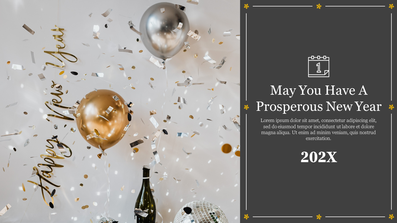 A festive New Year PowerPoint slide with gold and silver balloons, confetti, and a cheerful greeting message.