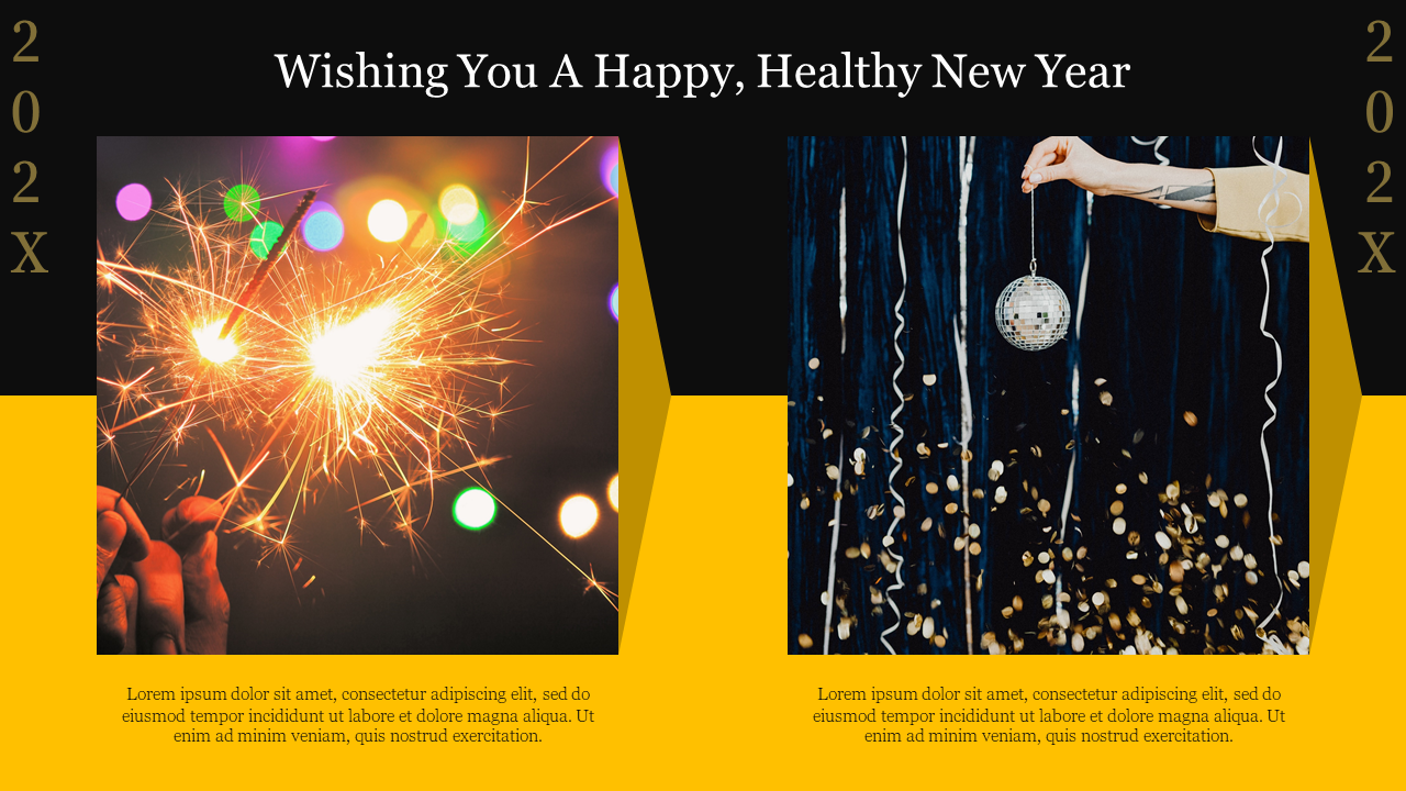 New Year slide with fireworks and a disco ball with confetti on the right, set against a black and yellow background.