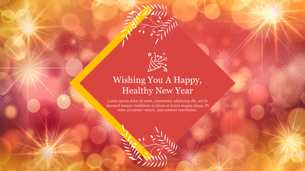 Festive new year slide with a red shape containing celebratory text, surrounded by golden bokeh and starburst effects.