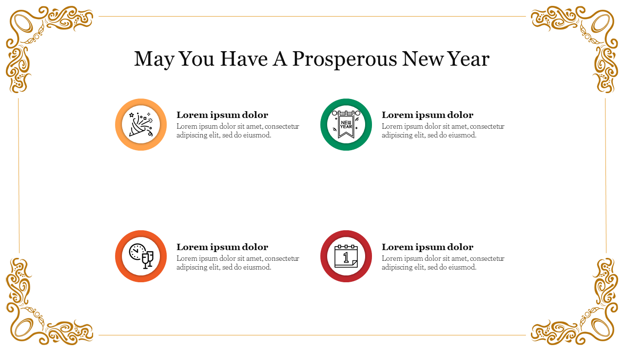 New Year slide with ornate golden corners framing the circular icons in yellow, green, orange, and red with text.