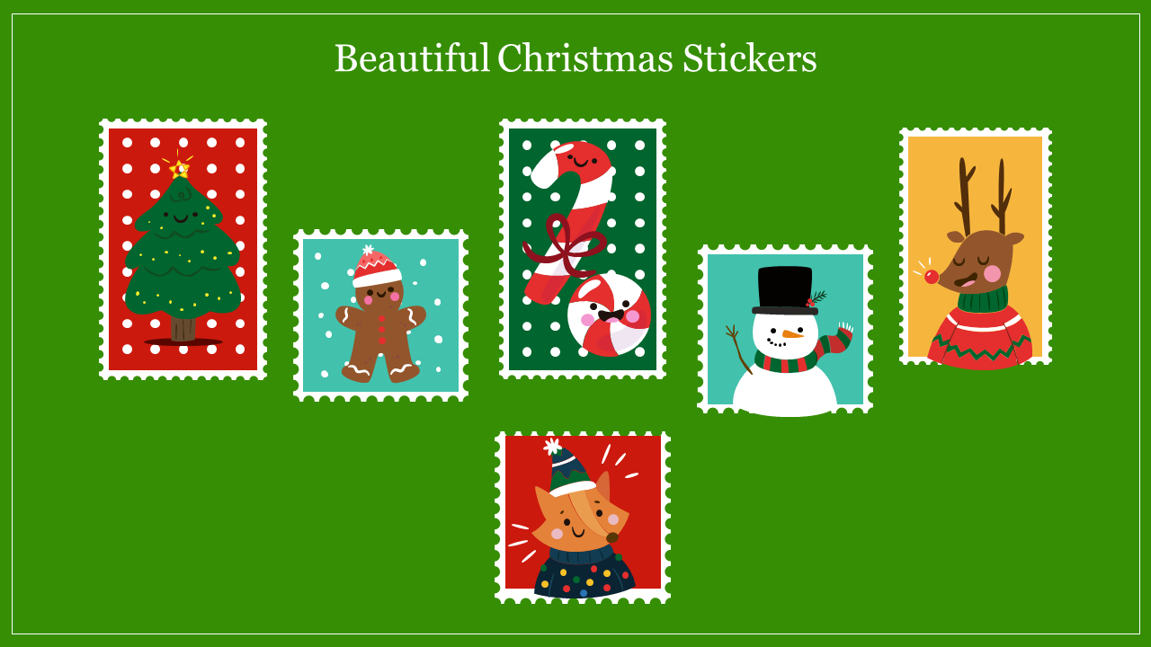 Festive Christmas stickers featuring a tree, gingerbread man, candy cane, snowman, and reindeer on a green background.