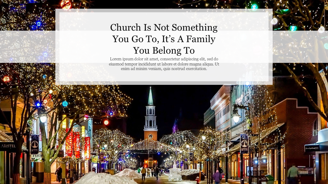 Festive church themed slide with holiday lights illuminating a snowy street, promoting community and family.