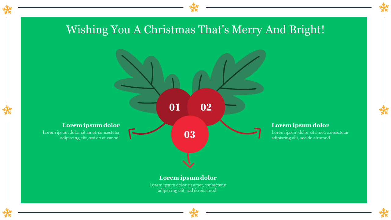 A festive PPT slide Christmas design featuring mistletoe with red berries and a greeting on a green backdrop.