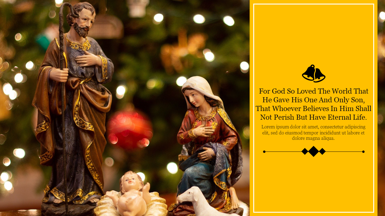 Nativity scene featuring statues of Mary, Joseph, and the infant Jesus, with a warm Christmas message on a yellow box.