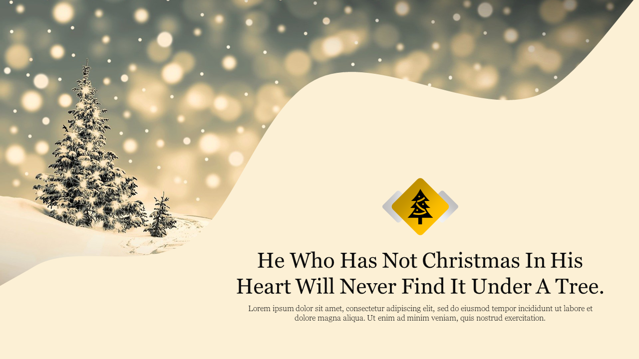 Cute Christmas background with a snowy tree and inspirational text on a light beige backdrop.