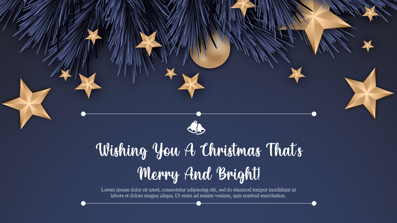 A festive Christmas slide greeting with gold stars and a blue background featuring a holiday wreath and bell icon.