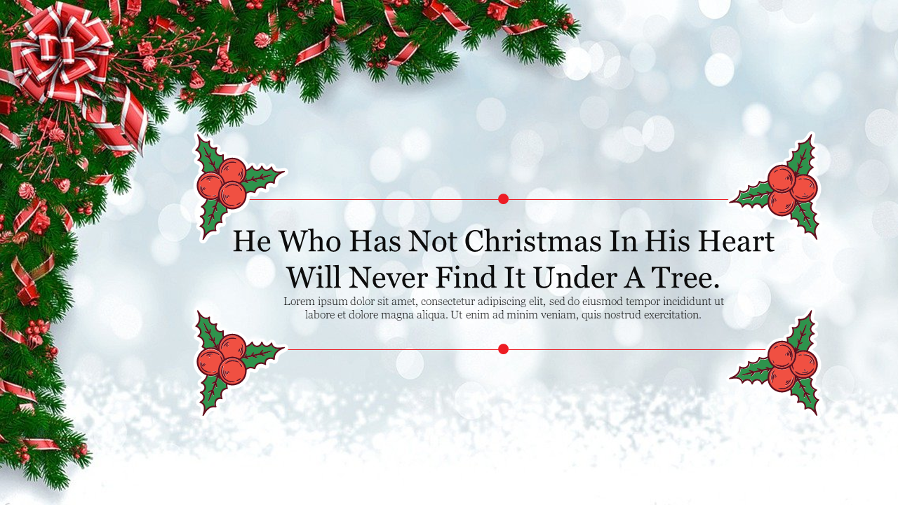 A festive Christmas design with holly, ribbons, and a quote about Christmas, set against a blurred snowy background.