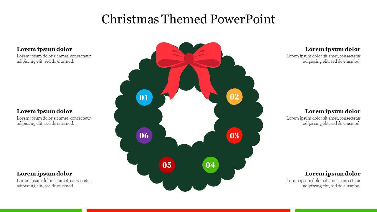 Christmas slide featuring a green wreath with six numbered colored circles and a red bow at the top with placeholder text.