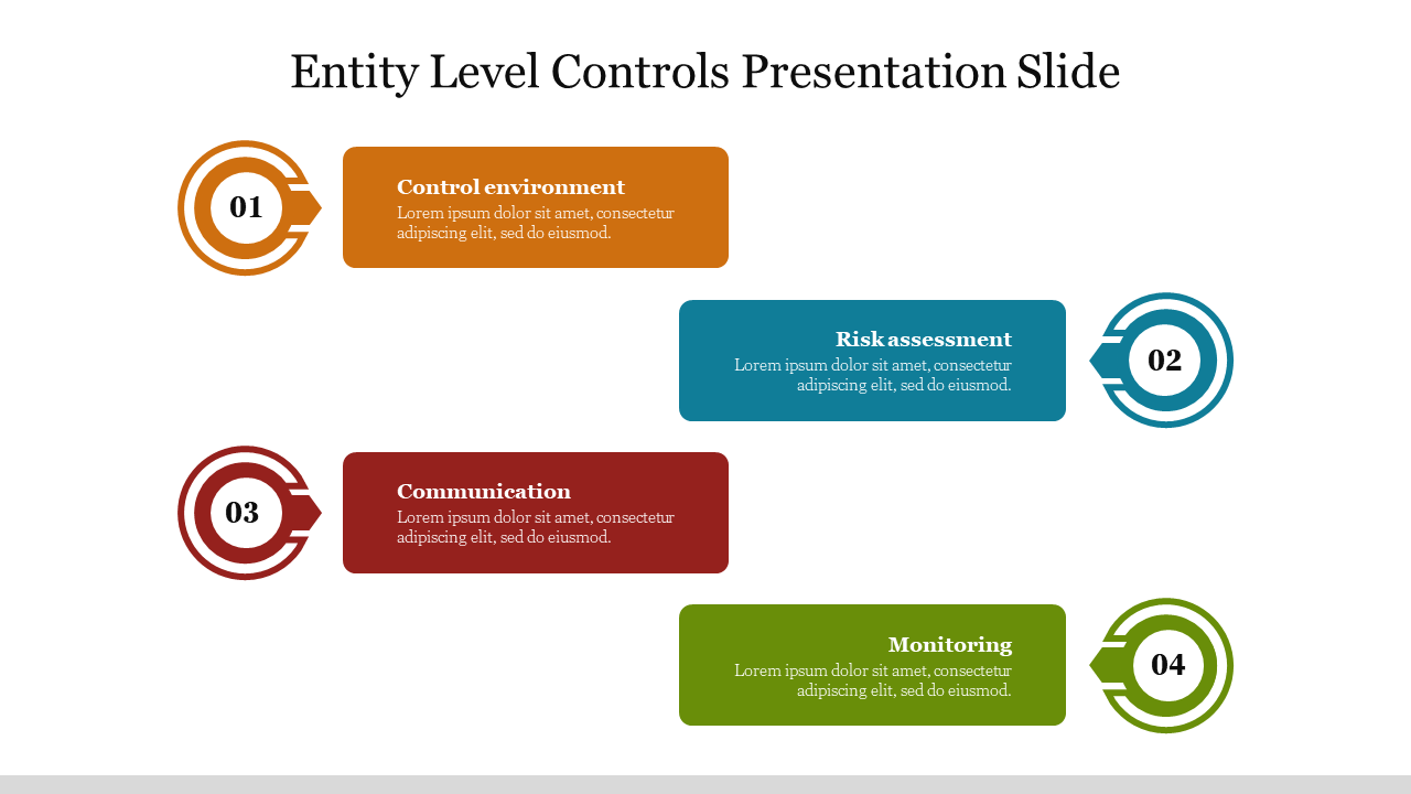 A slide layout displaying essential elements for managing entity level controls, highlighted by vibrant colored icons.