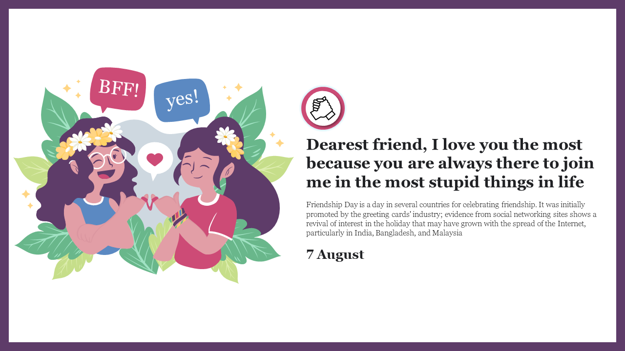 A fun Friendship Day card design featuring two friends celebrating together with heart shaped gestures and a playful quote.