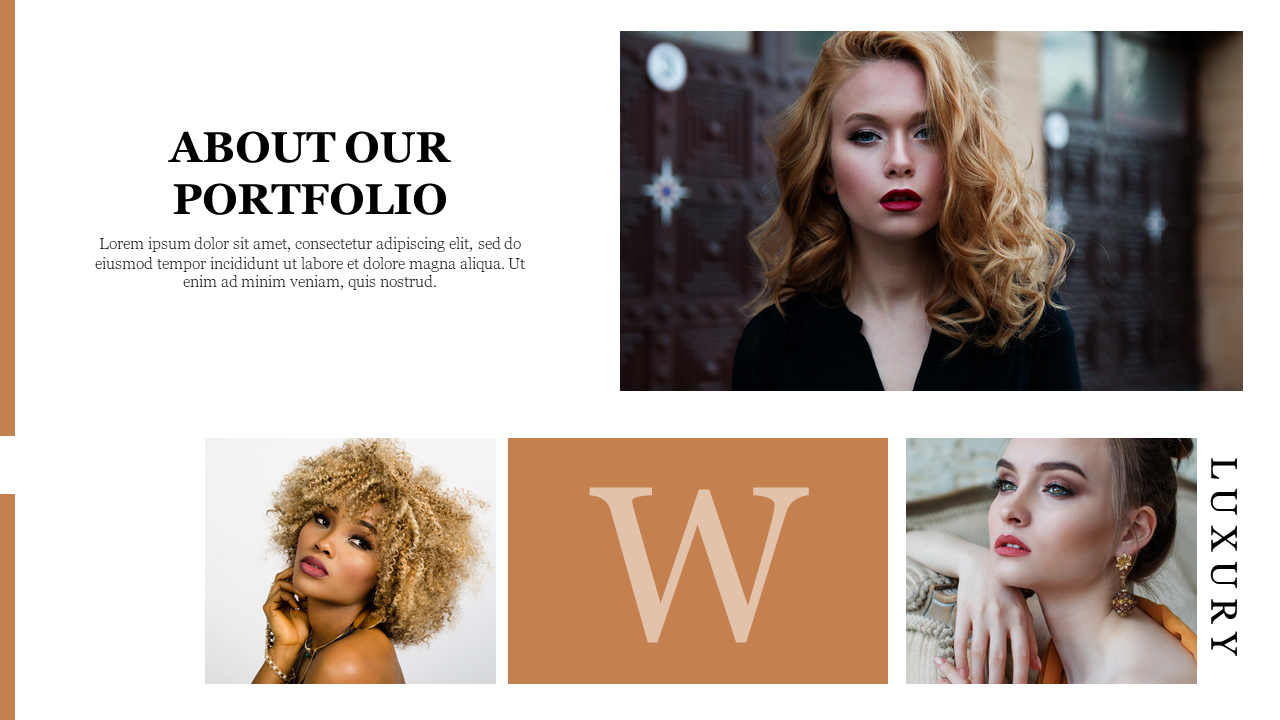 Three women portraits in square layout and a brown block with a graphic and a text in bold black on the left.