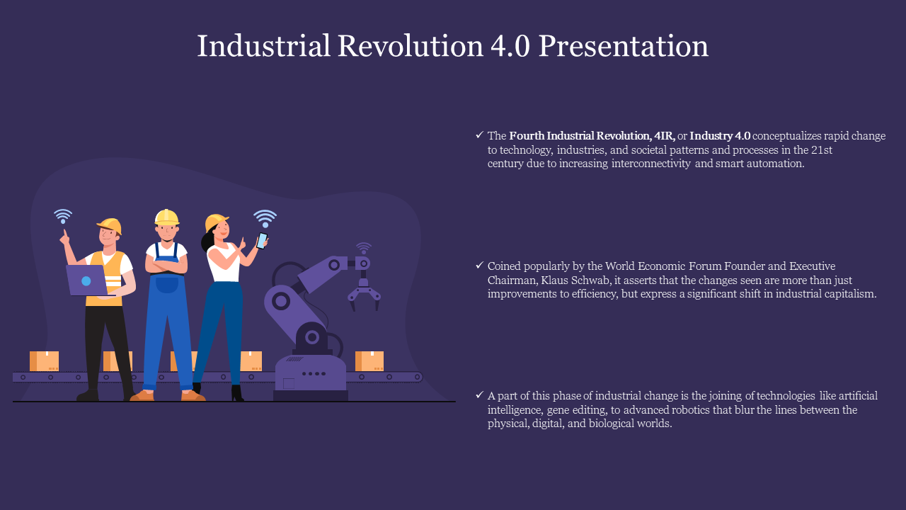 Industrial Revolution 4.0 slide with three workers and a robotic arm on a dark purple background.