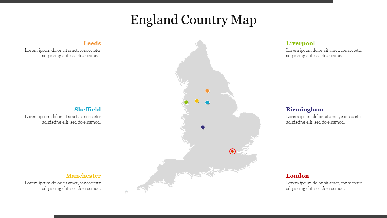 England map in gray with six circular color markers and text boxes highlighting cities, arranged on both sides.