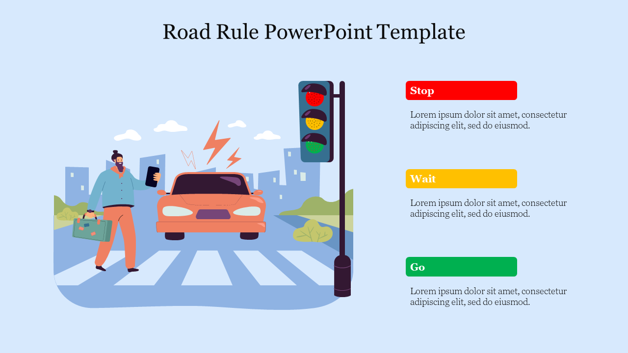 Slide with a traffic light system explaining road rules and a pedestrian crossing in front of a car on a blue backdrop.