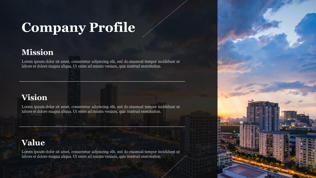 A company profile slide showcasing mission, vision, and value sections with a cityscape background.