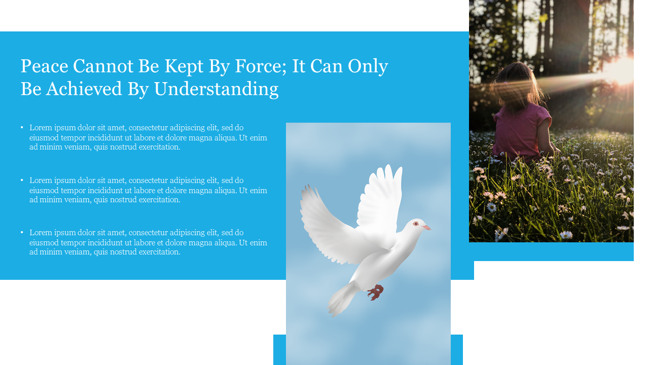 Peace themed slide with a quote, featuring images of a flying dove and a child in nature, framed by a blue background.