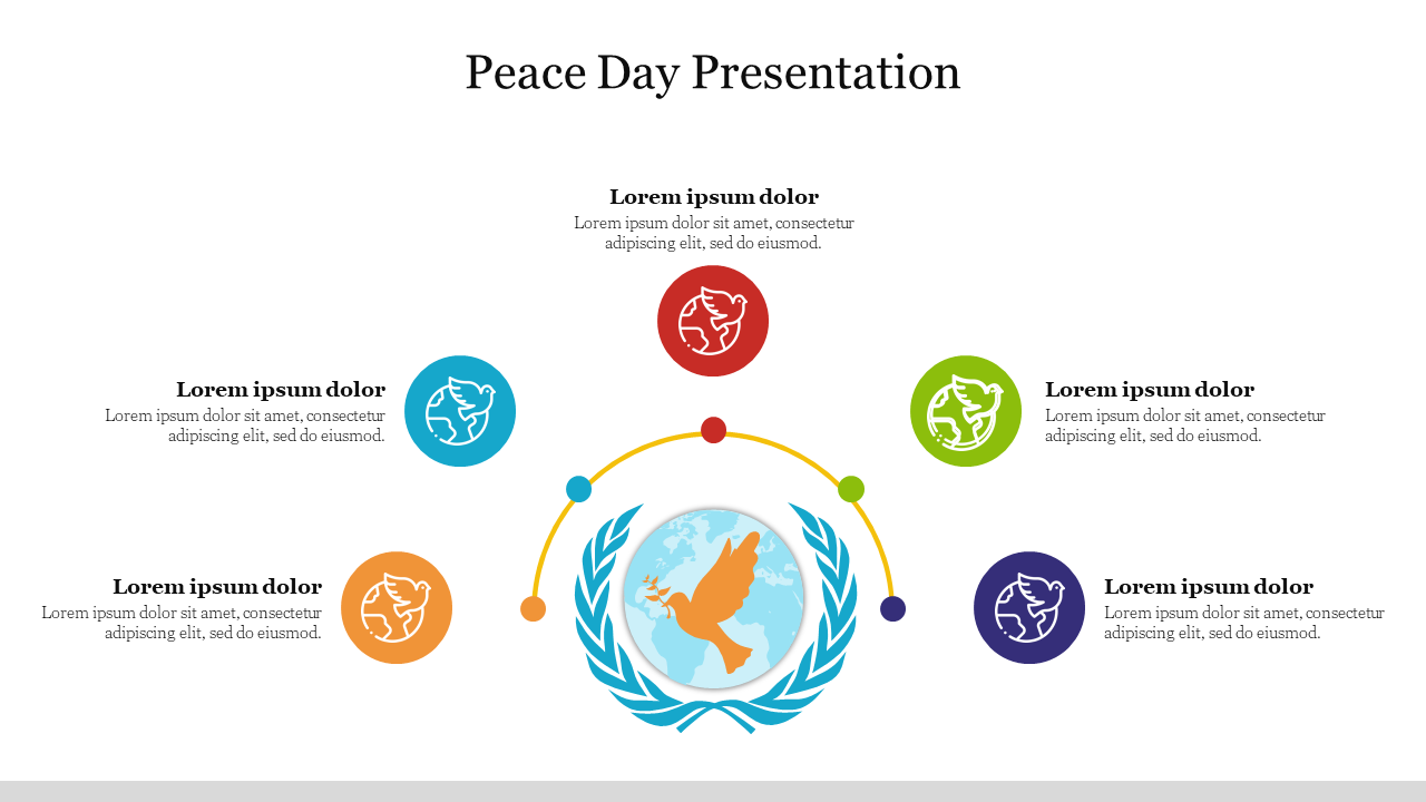 Peace day template with a dove-and-globe icon surrounded by colored circles with dove icons, each with placeholder text. 