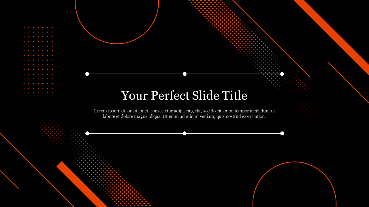 Black slide with orange geometric elements and dotted patterns, featuring a placeholder for the title and text.