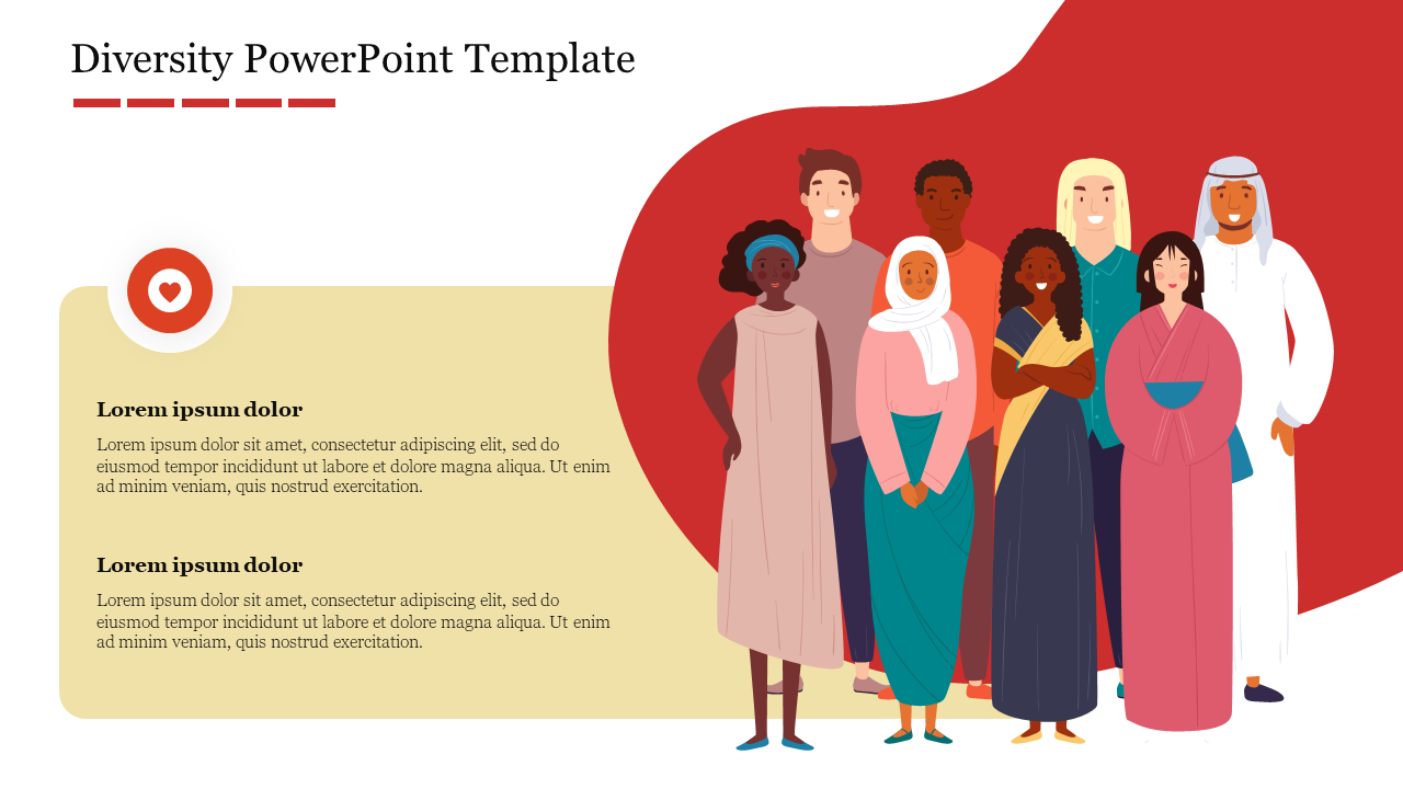 Illustration of diverse individuals on a red background, next to a yellow text box with a heart icon.