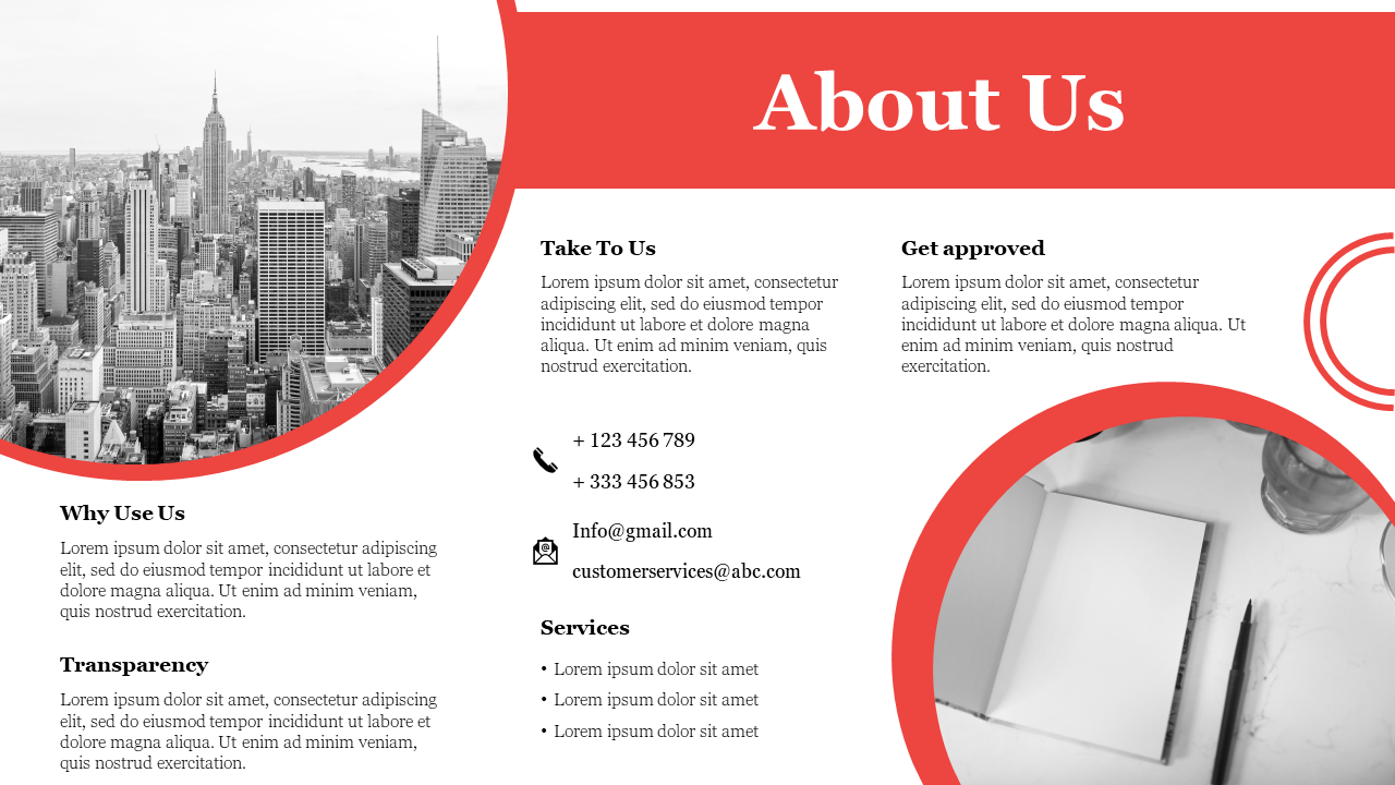 About us slide with a red circular accent, featuring a monochrome city image, and contact details at the center.