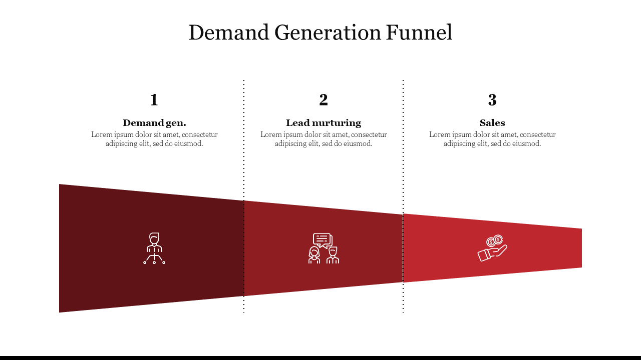 Red gradient funnel shape divided into three sections, each with an icon and  numbered text areas.