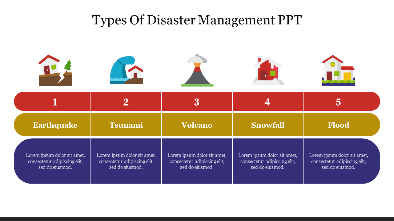 Slide presenting five types of disaster management, each with icons and numbered caption boxes on a white background.