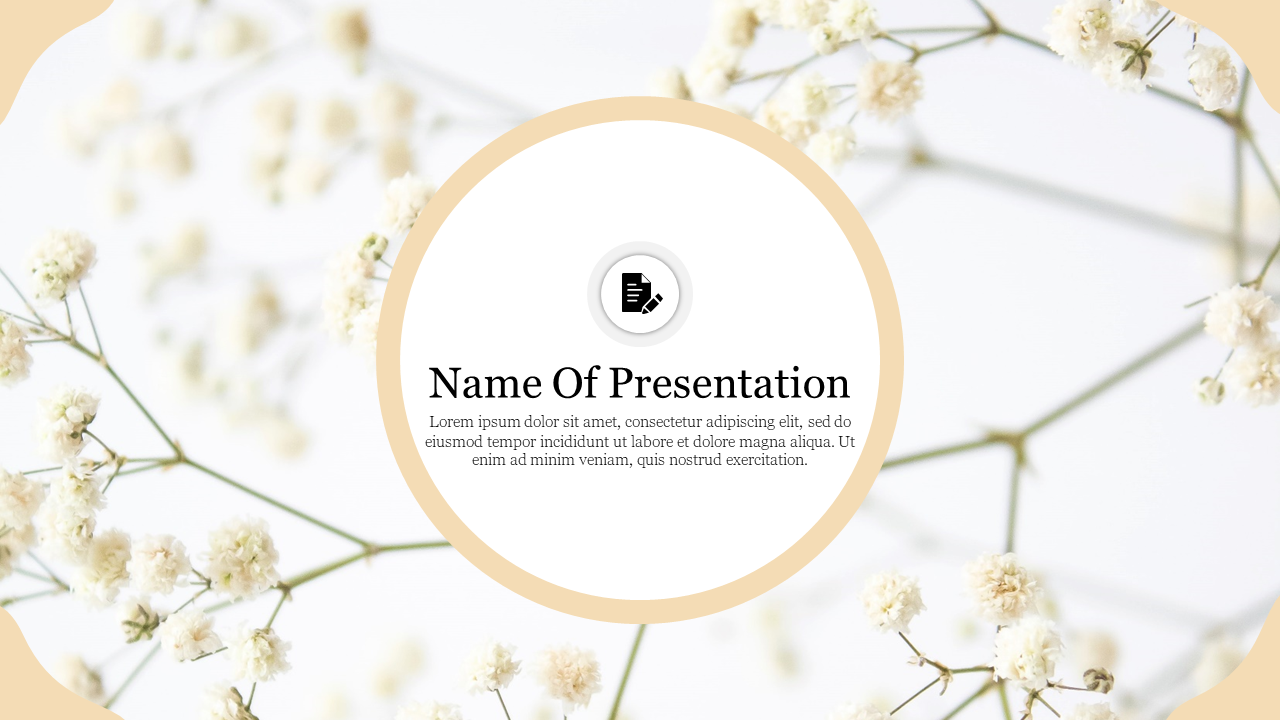 Elegant PowerPoint slide featuring a white background and a circular frame for adding presentation details.