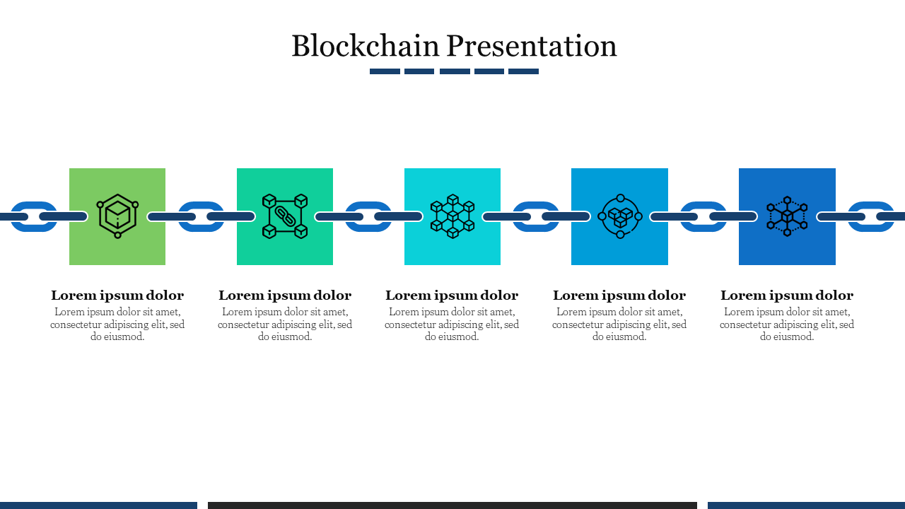 Row of five blocks in green and blue shades, each displaying blockchain icons, linked by chain segments.