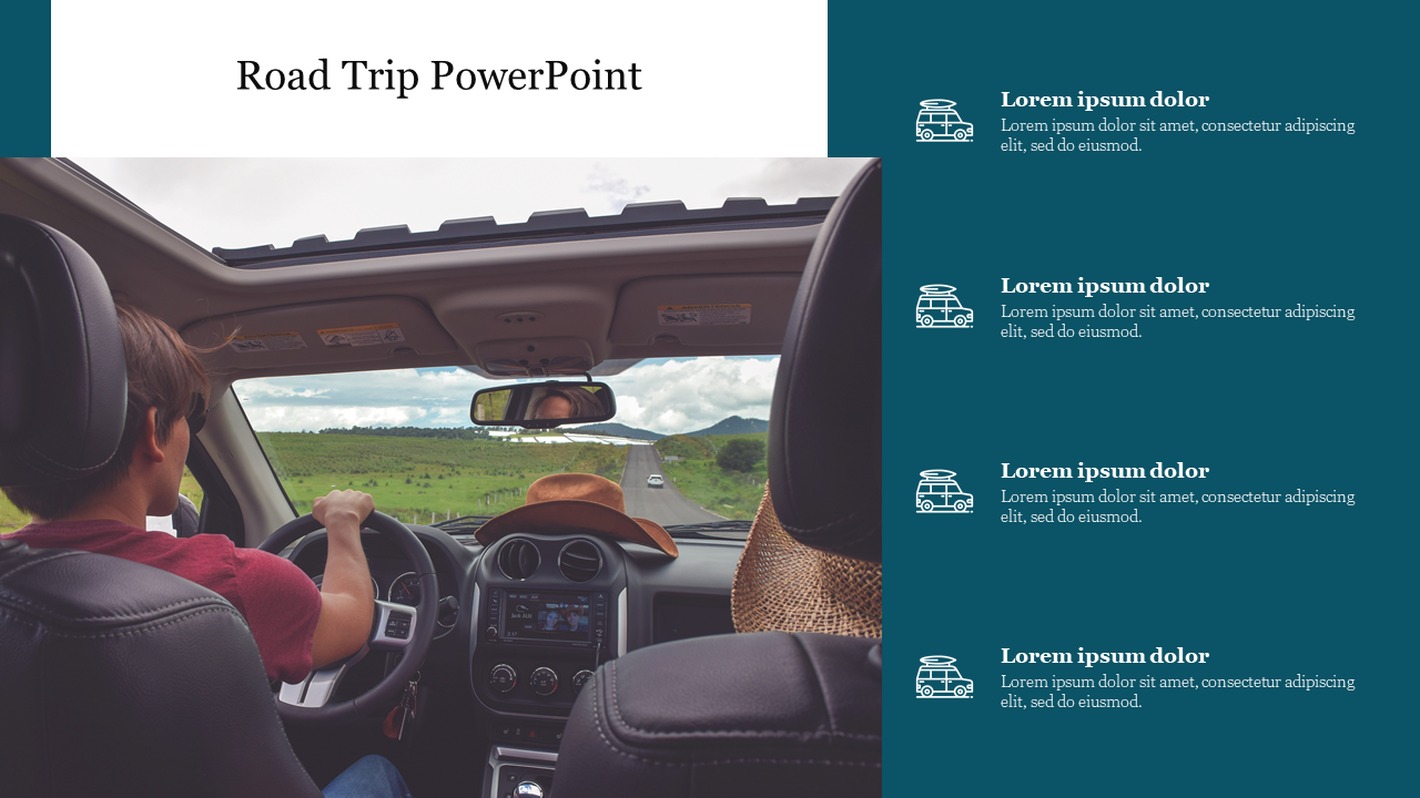 A driver on a scenic road trip with a view through the windshield, highlighting the open road and green hills.