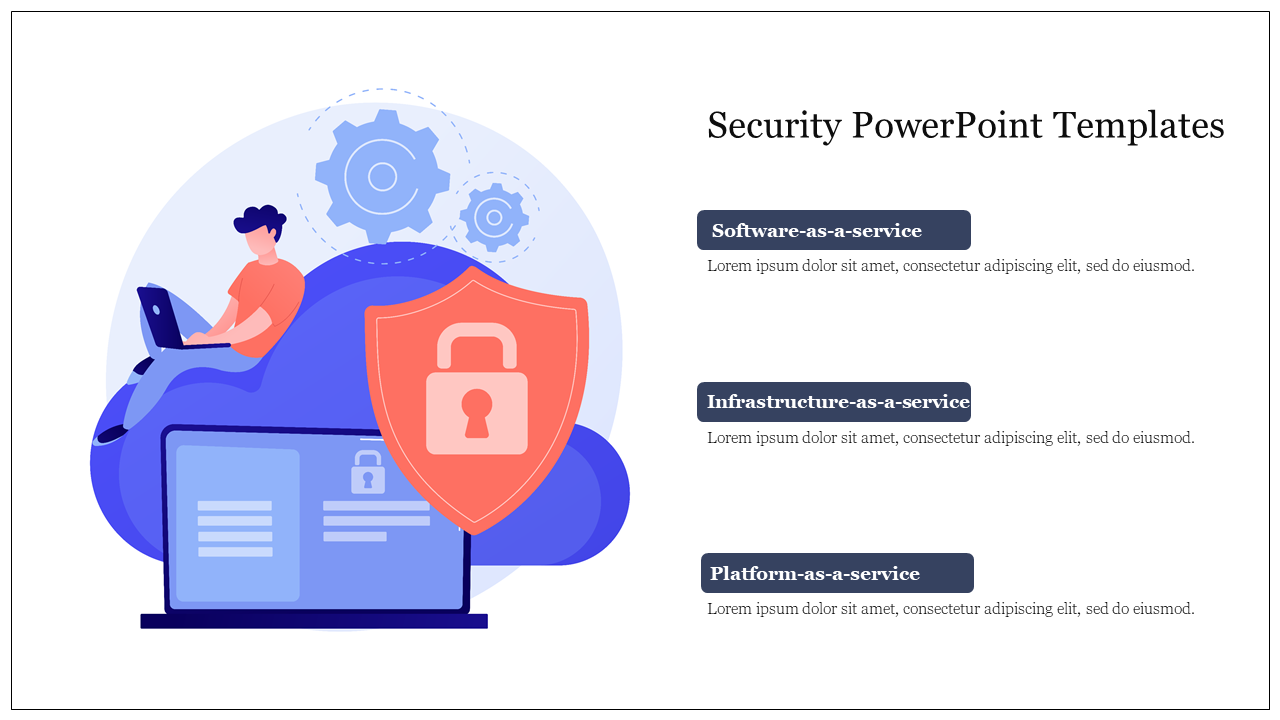 Security PowerPoint slide featuring a person using a laptop with icons for software, infrastructure, and platform services.