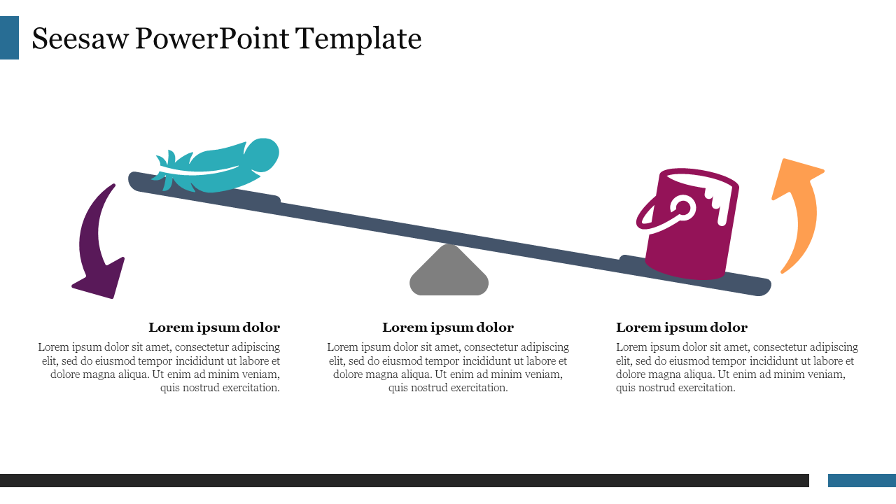 Seesaw illustration with a feather and a bucket, showing directional arrows in purple and orange.