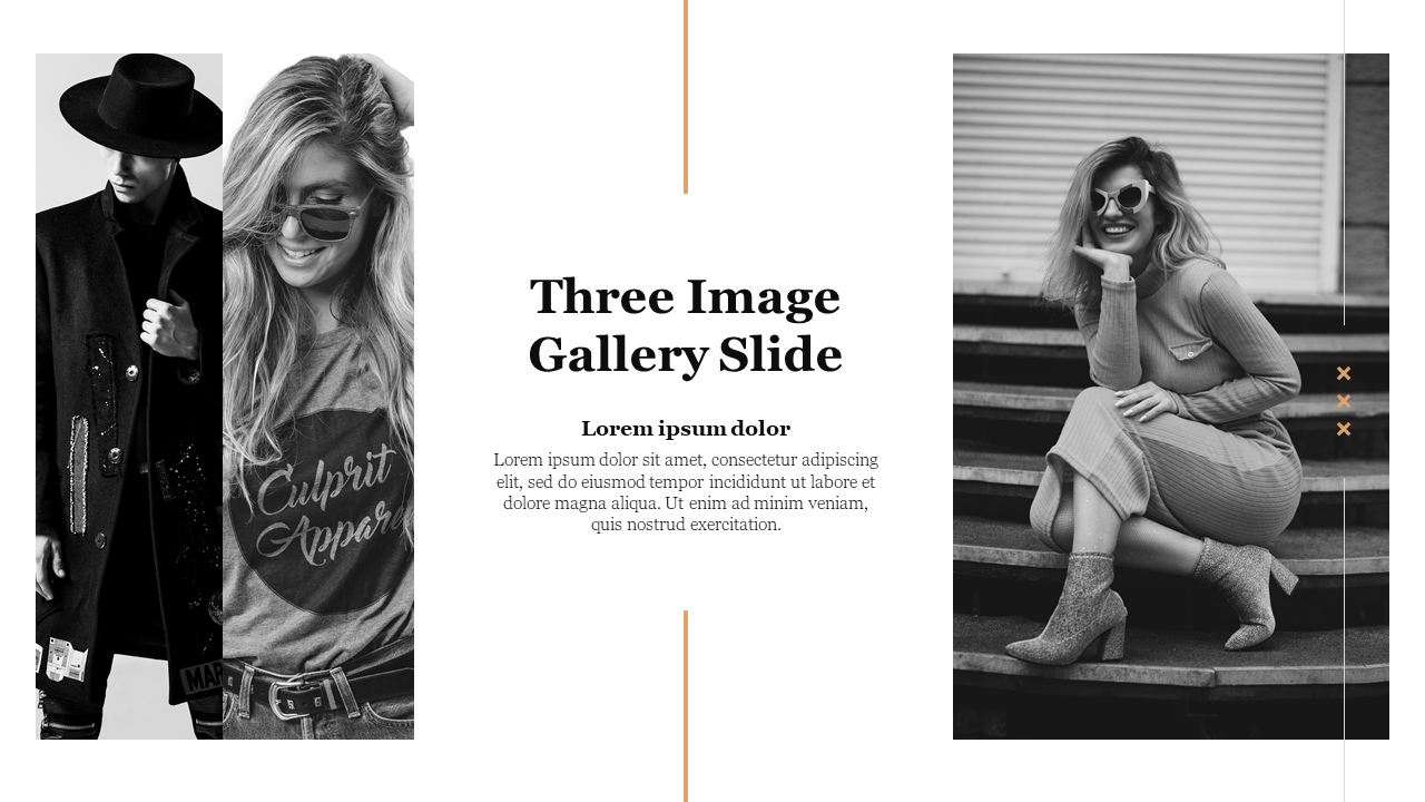 Gallery slide with three vertical monochrome photos, centered text block, and thin orange decorative lines.