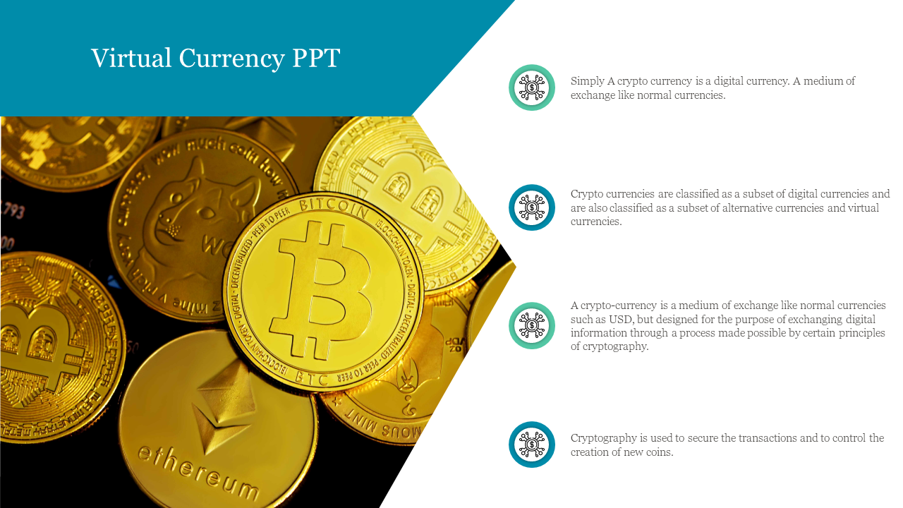 Virtual currency PPT slide showing gold bitcoin and ethereum coins with cryptocurrency definitions on the right.