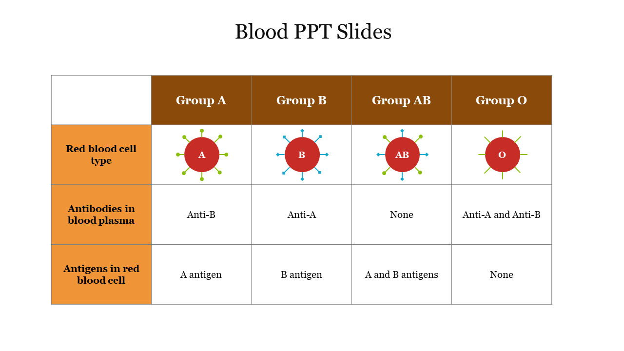 Table summarizing characteristics of blood groups A, B, AB, and O, including antibodies in plasma and antigens present.